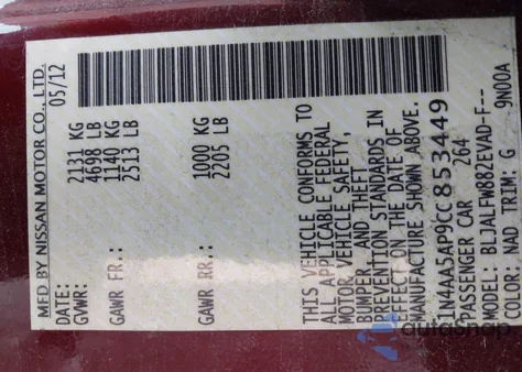 2012 Nissan Maxima 3.5 Sv from USA, damaged, VIN 1N4AA5AP9CC853449